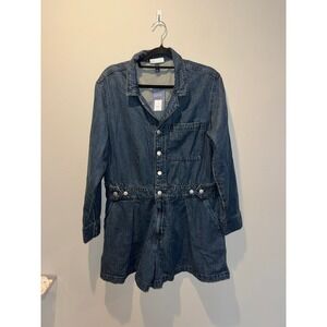 Denim Romper Long Sleeve Snap Front Blue Indigo Utility Jumpsuit Womens 14 NWT